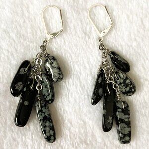 Snowflake Obsidian and Silver Genuine Gemstone Drop Dangle Handmade Earrings